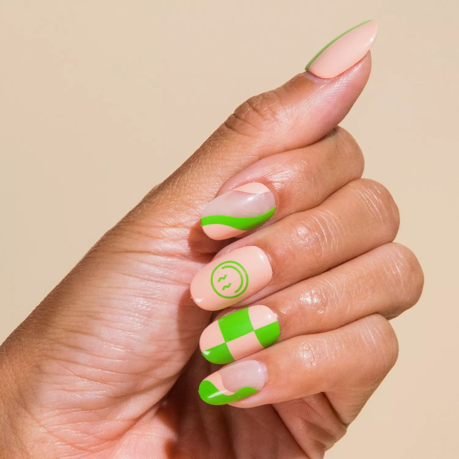 Lime green and nude mismatch nails