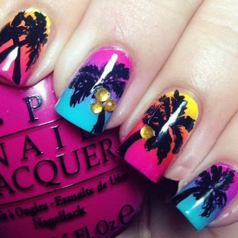 Multi Coloured Sunset Palm Tree Nail Art Design