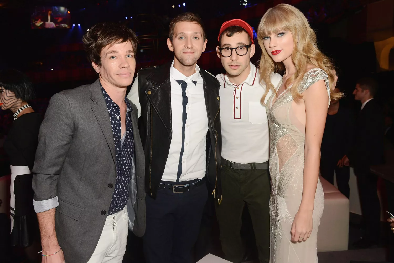 FRANKFURT AM MAIN, GERMANY - NOVEMBER 11: (EXCLUSIVE COVERAGE) Andrew Dost, Jack Antonoff and Nate Ruess of Fun and Taylor Swift pose in the VIP Glamour area at the MTV EMA's 2012 at Festhalle Frankfurt on November 11, 2012 in Frankfurt am Main, Germany. (Photo by Dave Hogan/MTV 2012/Getty Images for MTV