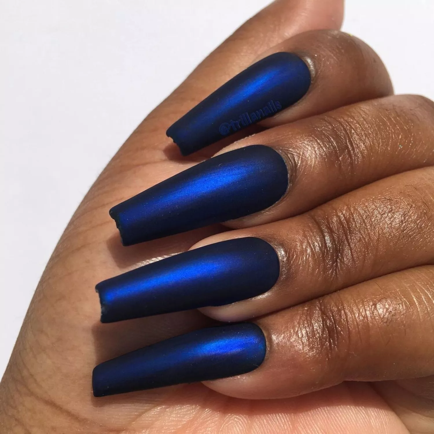 Long blue chrome matte nails