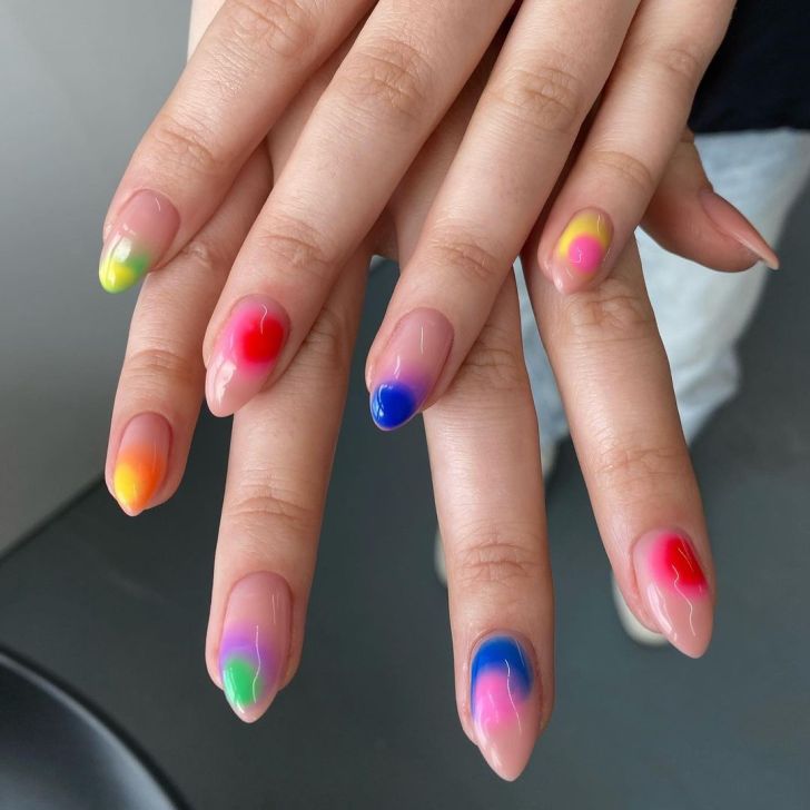 bright mismatched rainbow ombre manicure