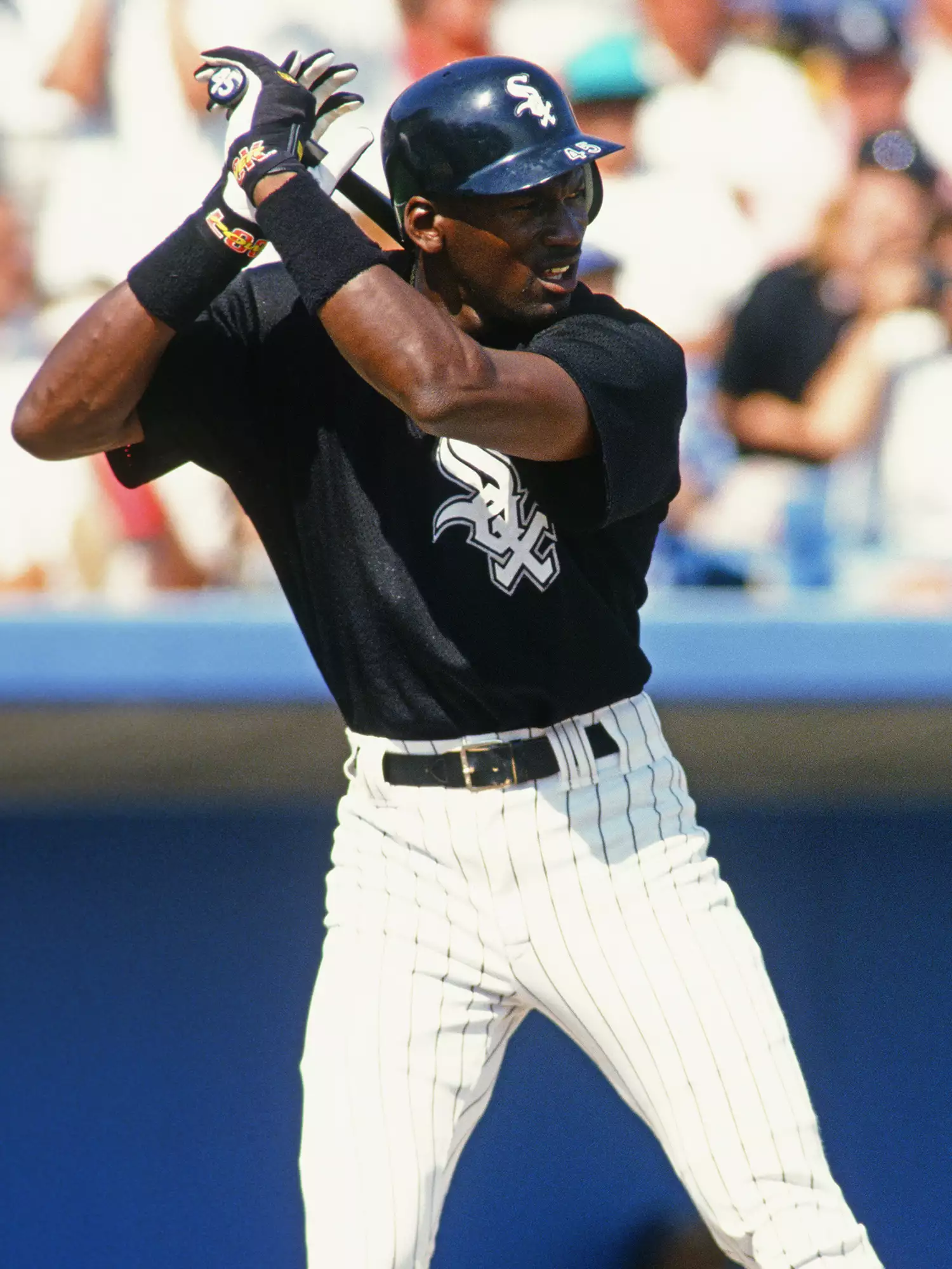 Michael Jordan #45 of the Chicago White Sox bats during a spring training game at Ed Smith Stadium in 1994 in Sarasota, Florida