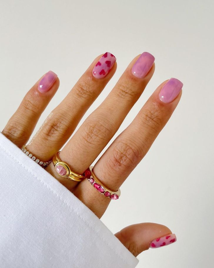 cute pink short Valentines Day nails with glitter red heart designs