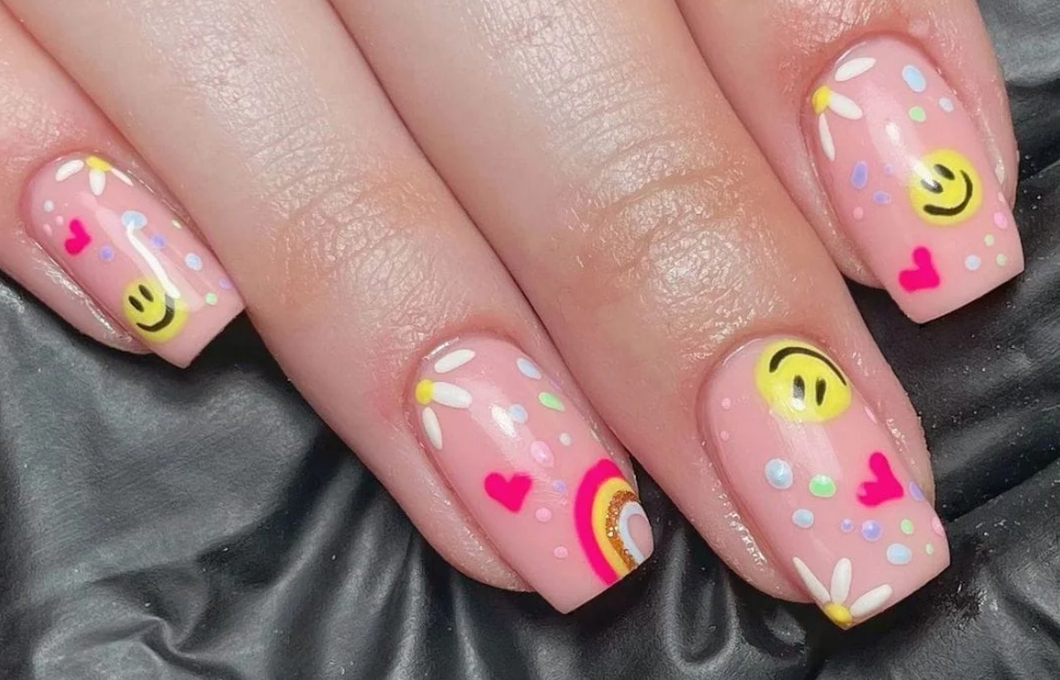 rainbow smiley face nails