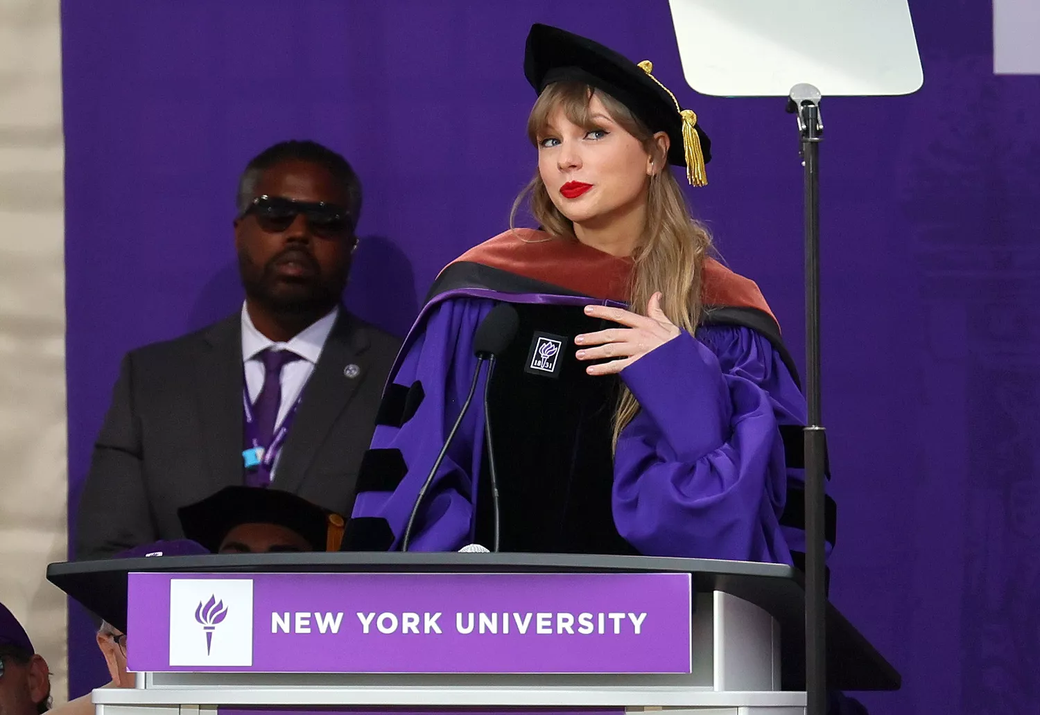 Taylor Swift Delivers New York University 2022 Commencement Address at Yankee Stadium on May 18, 2022 in New York City.