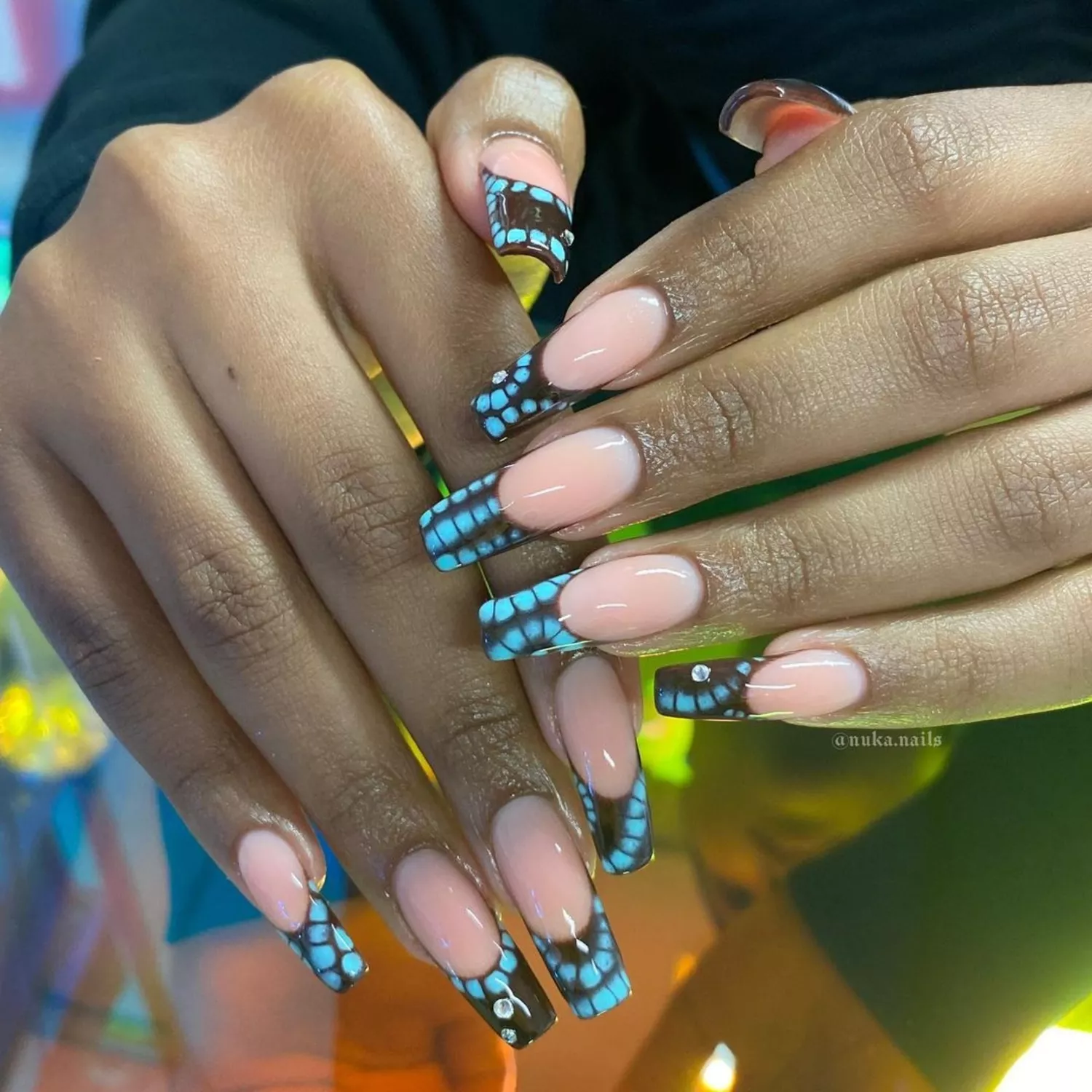 Brown and blue tie-dye long nails