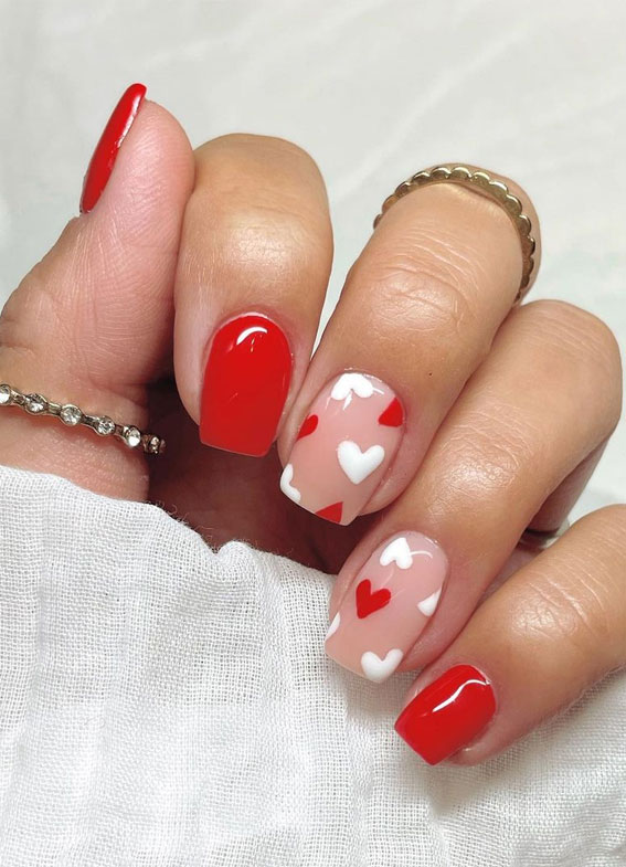 59 Cutest Valentine's Day Nails To Wear Right Now : White & Red Heart Short Nails