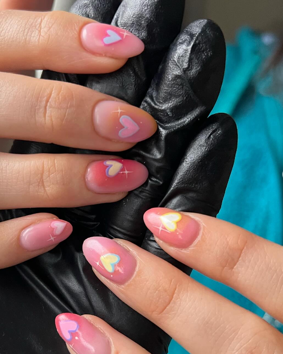 aura nails with pastel hearts almond