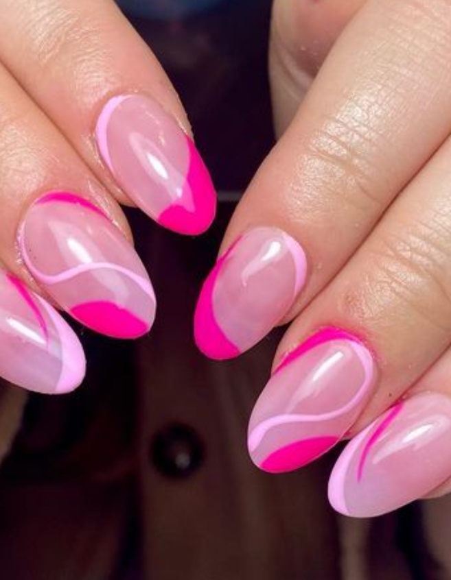 baby pink jelly nails with abstract lines