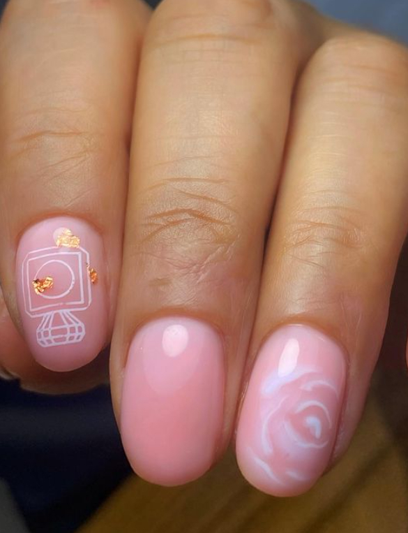 baby pink nails with flowers