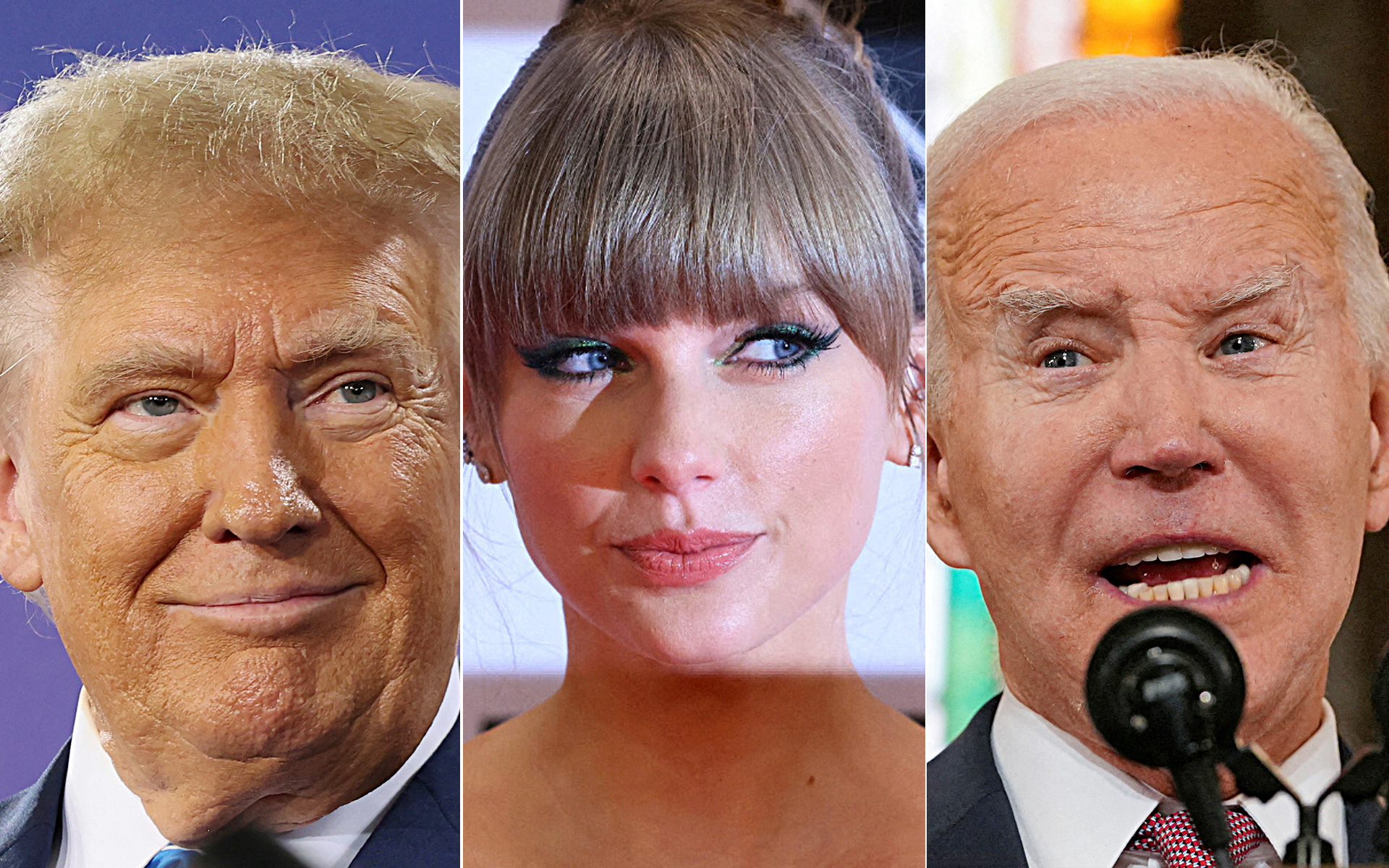 Taylor Swift (giữa) có thể là nhân tố quyết định nếu ông Trump (trái) và ông Biden tái đấu - Ảnh: REUTERS