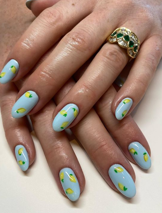 pastel blue nails with lemons