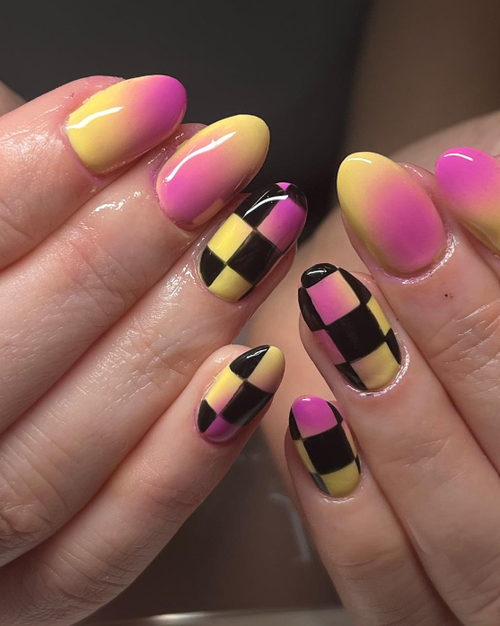 pastel ombre checkerboard nails