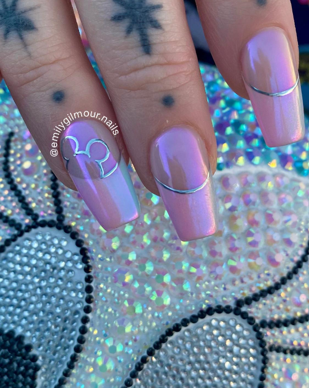 pastel pink chrome nails with silver