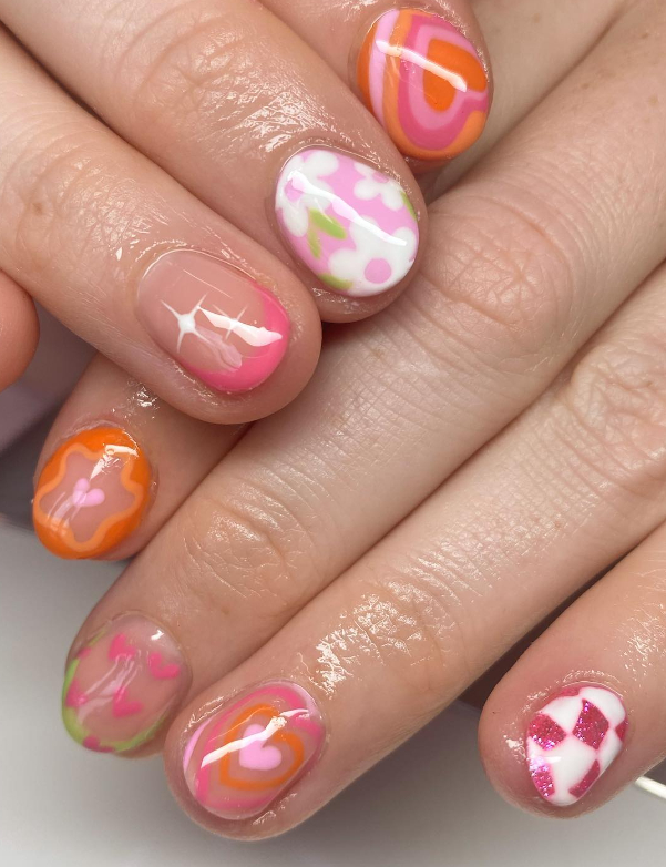 pink and orange mix and match nails