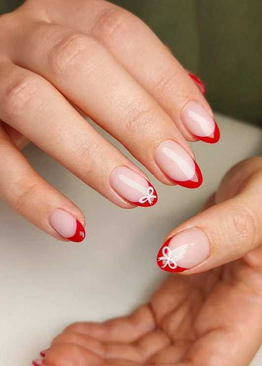 red french tip nails with bows