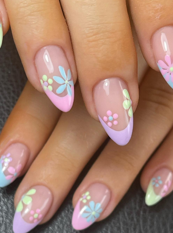 french tip pastel nails with flowers