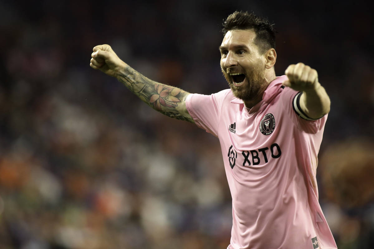 Lionel Messi pictured celebrating a goal scored by Leonardo Campana (not in shot) during Inter Miami's victory over FC Cincinnati in the semi-finals of the 2023 U.S. Open Cup