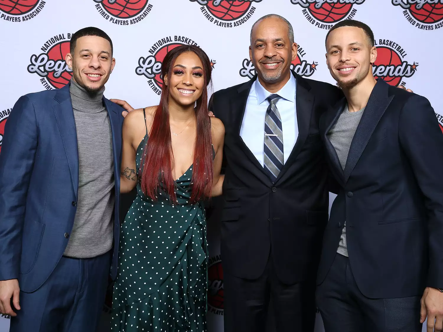 Seth Curry, Sydel Curry, Dell Curry and Stephen Curry pose for a portrait at the Legends Brunch during the 2019 NBA All-Star Weekend on February 17, 2019 at the Charlotte Convention Center in Charlotte, North Carolina