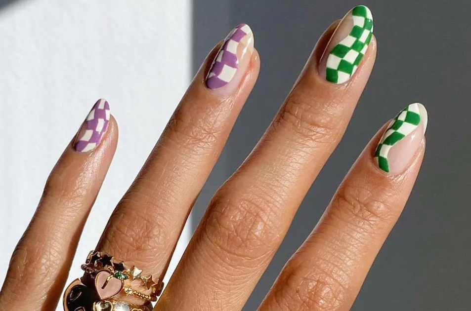 wavy almond checkered nails