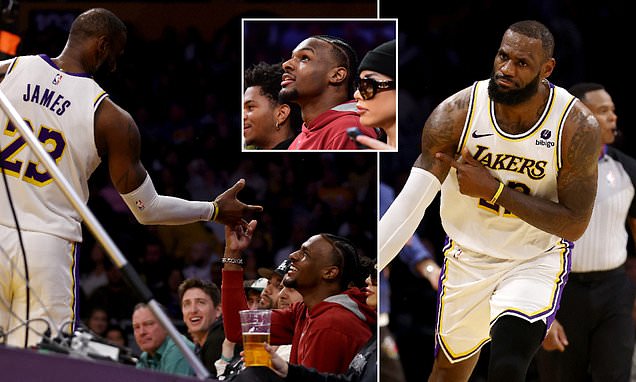 Bronny James shakes hands with LeBron as he watches his dad score 37 points  in epic win over the Houston Rockets - four months after his cardiac arrest  during USC practice |