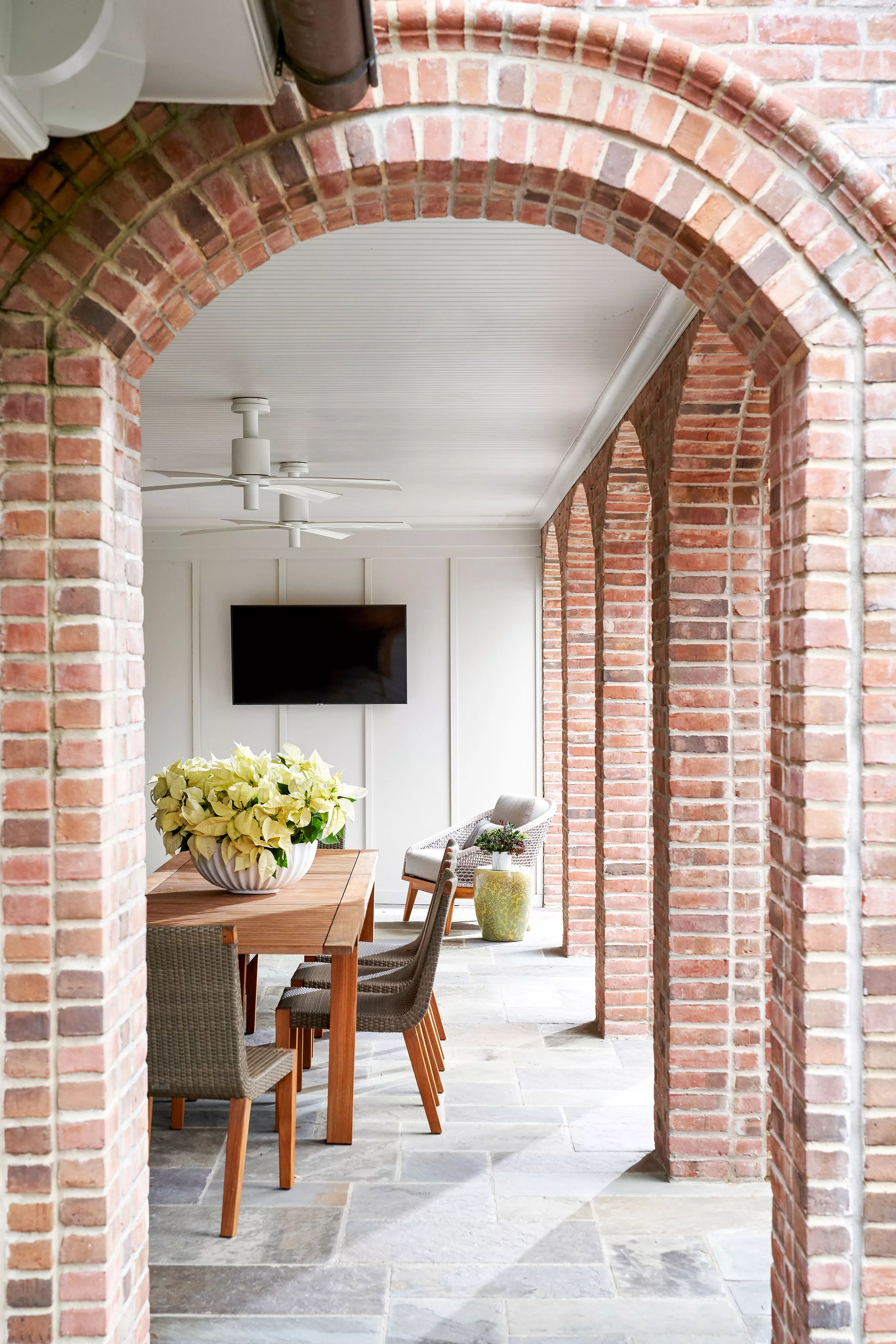 Patio with brick archway