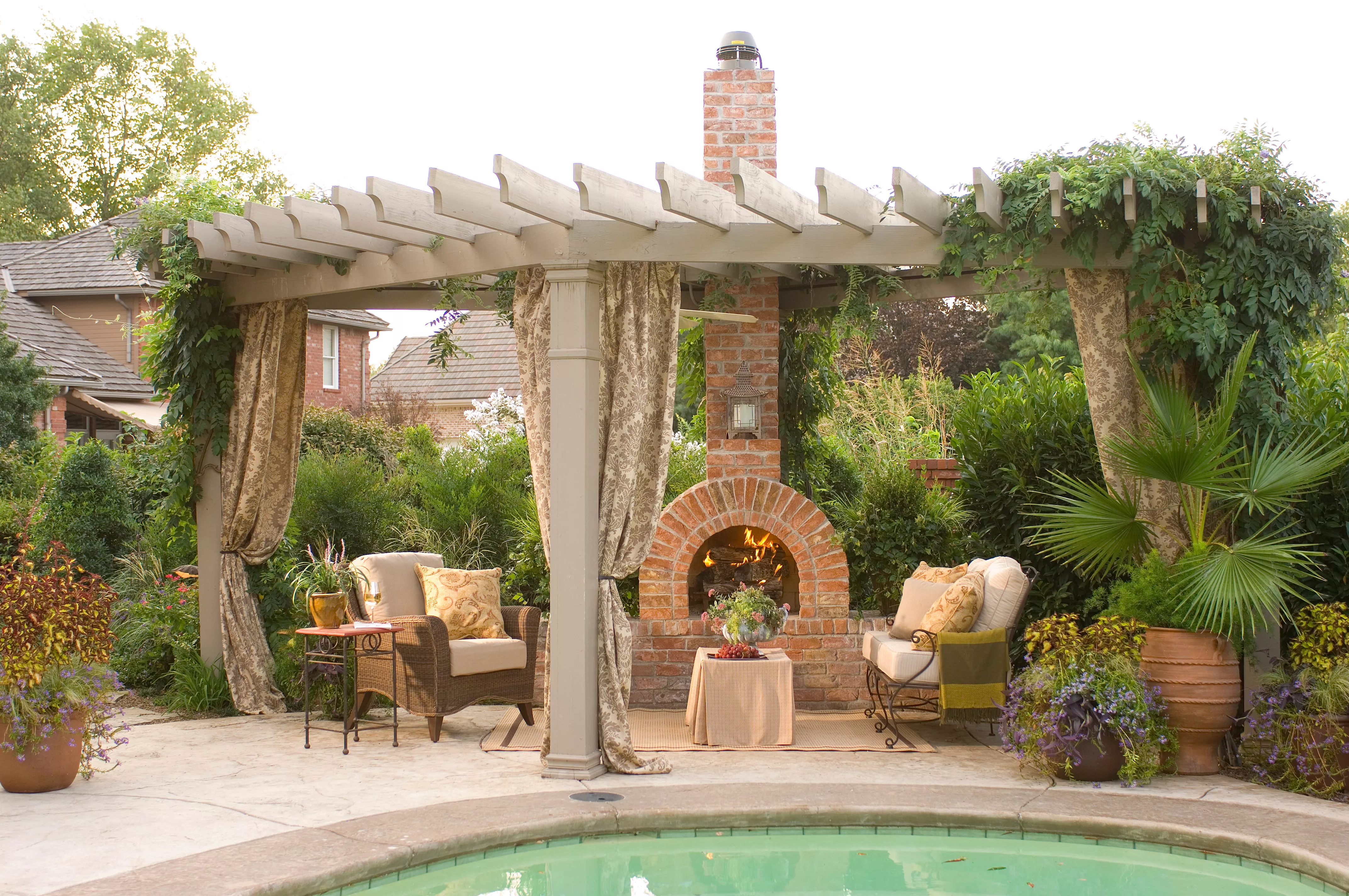 Pool house fireplace