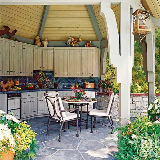 stone floor and outdoor kitchen