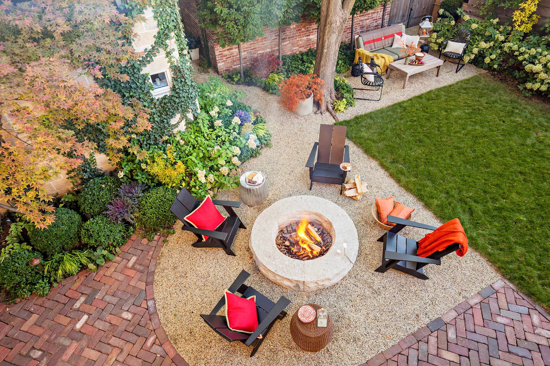 above view of fire pit back yard seating