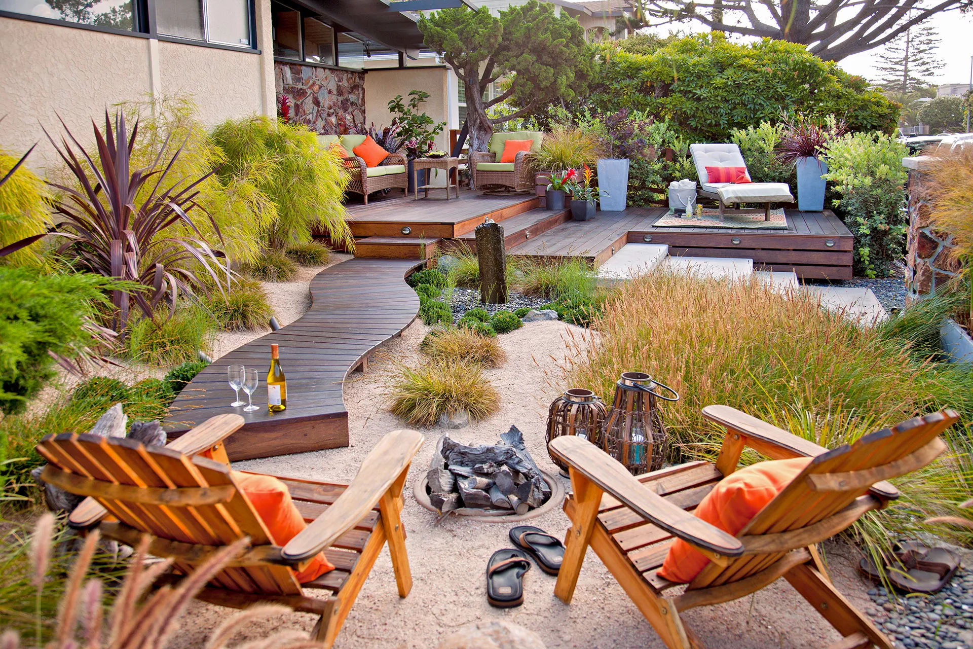 fire pit area view of layered deck landscaping