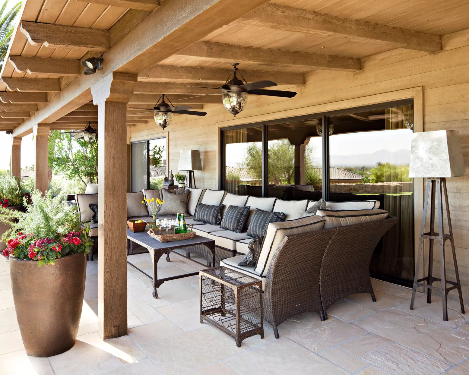 beam covered patio with long sectional seating