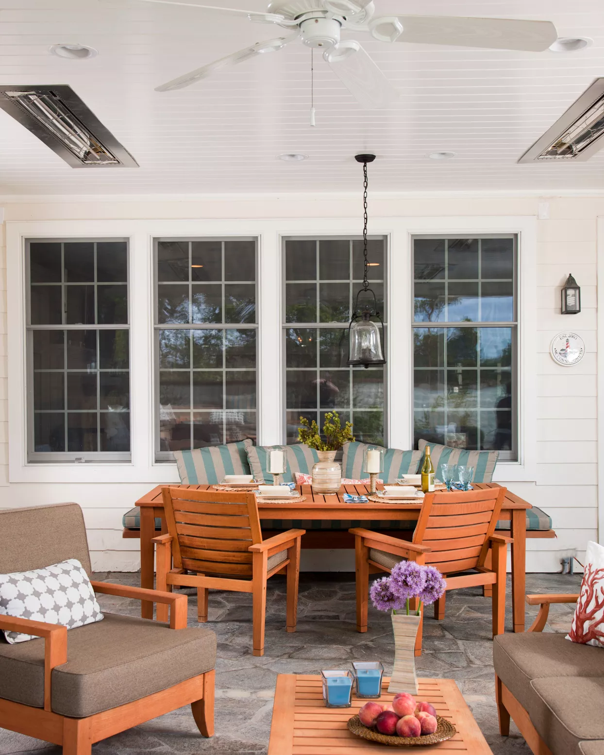 built-in ceiling heaters and lighting covered patio