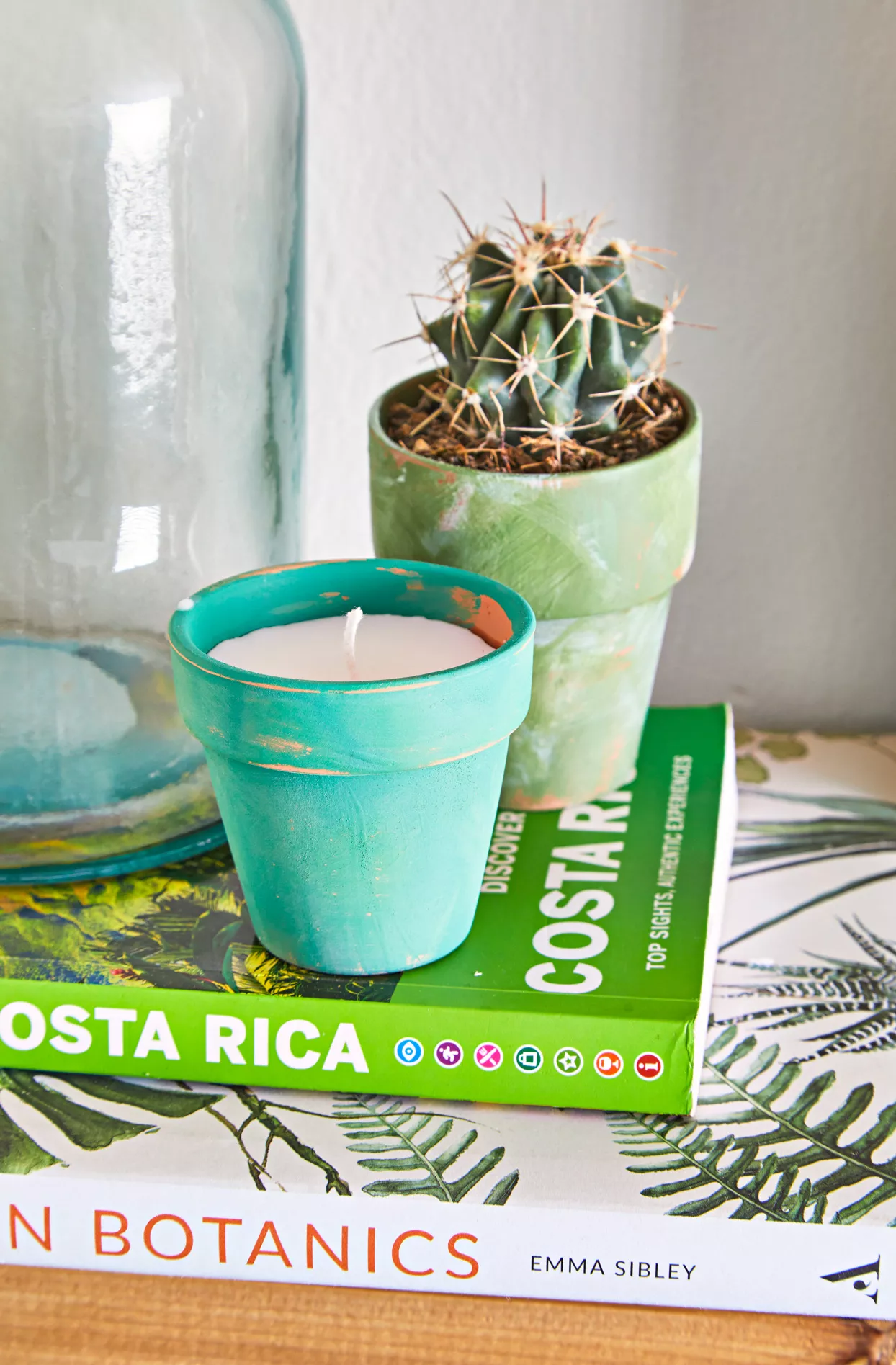 candle and cactus in terra cotta planters