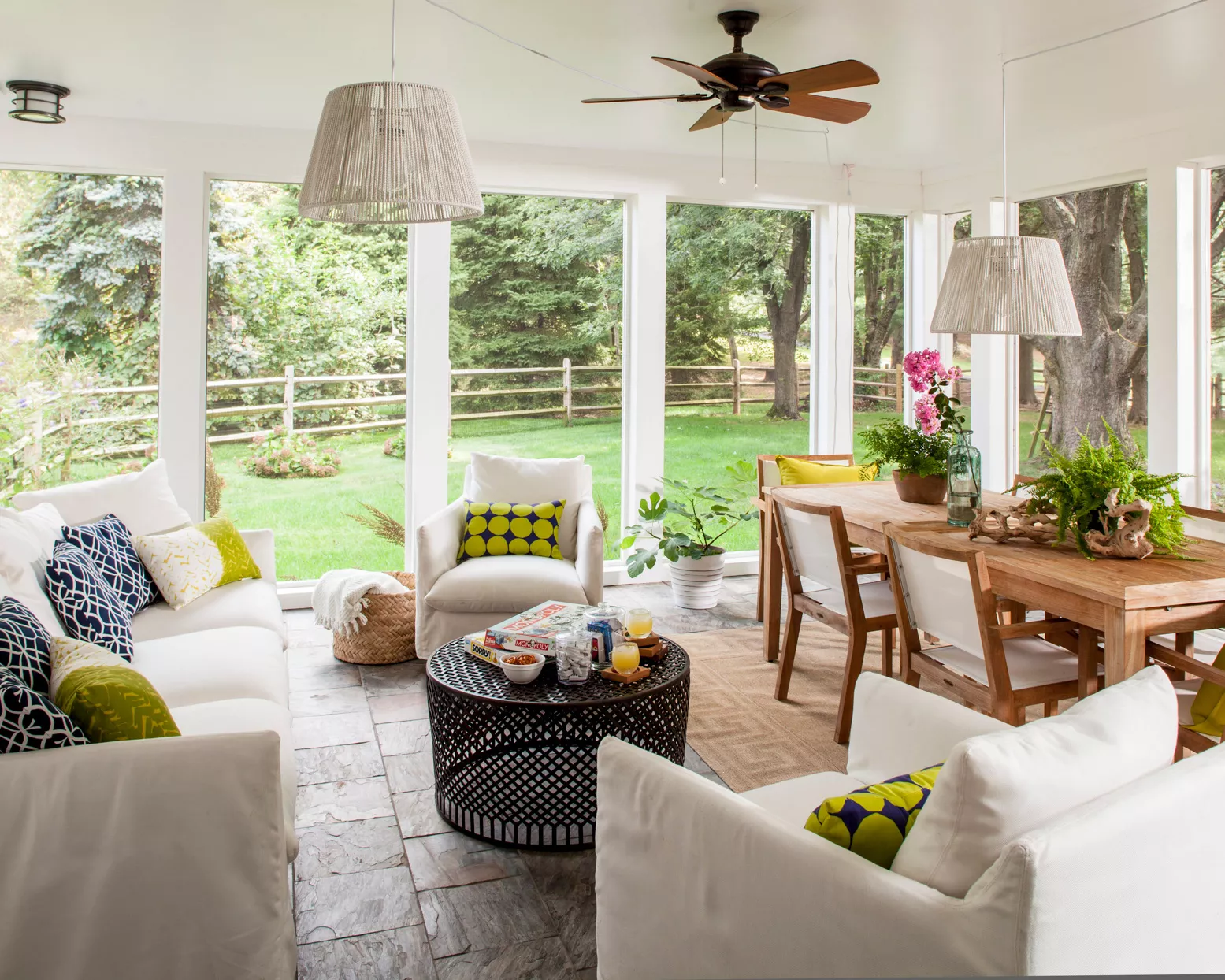 covered patio with eclectic pillows