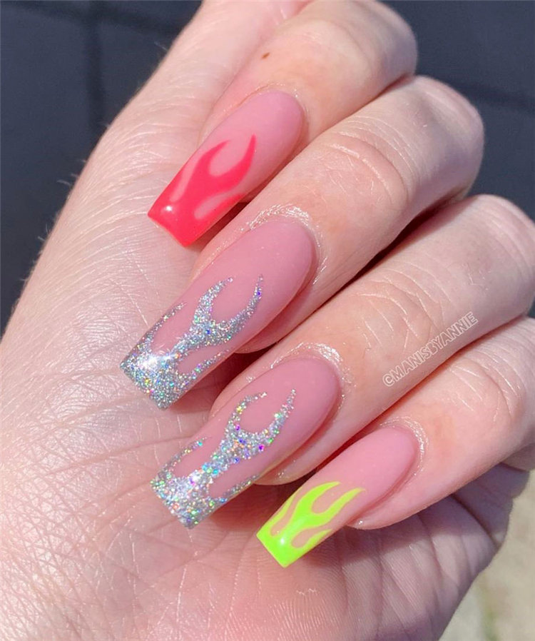 40 Awesome flame nails ideas, There are blue flame or yellow flame or black flame and more. These flame nails ideas are so cool and stunning that you will love them all. #flamenails #flamenailsacrylic #naildesigns