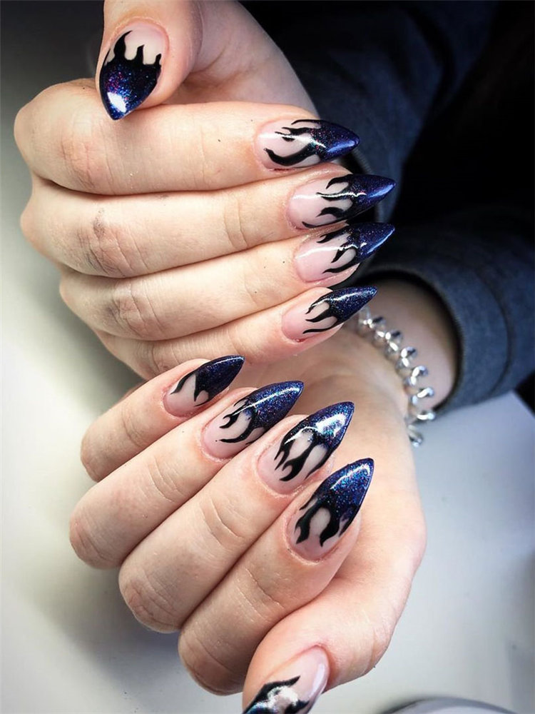 40 Awesome flame nails ideas, There are blue flame or yellow flame or black flame and more. These flame nails ideas are so cool and stunning that you will love them all. #flamenails #flamenailsacrylic #naildesigns