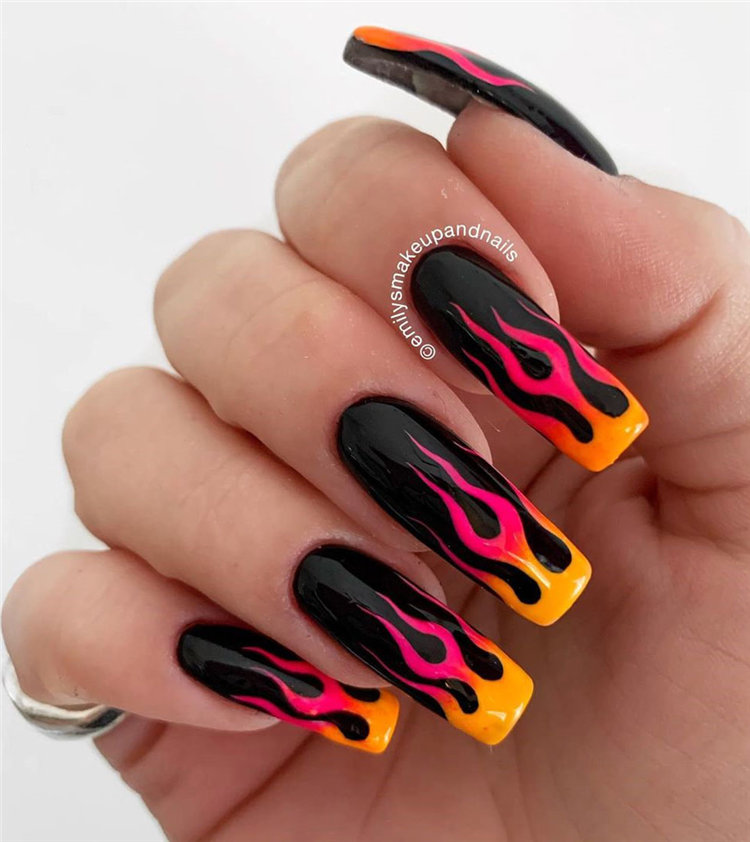 40 Awesome flame nails ideas, There are blue flame or yellow flame or black flame and more. These flame nails ideas are so cool and stunning that you will love them all. #flamenails #flamenailsacrylic #naildesigns