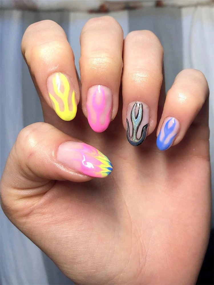 40 Awesome flame nails ideas, There are blue flame or yellow flame or black flame and more. These flame nails ideas are so cool and stunning that you will love them all. #flamenails #flamenailsacrylic #naildesigns