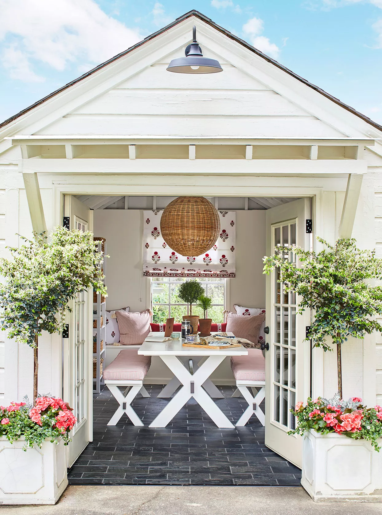 garage-turned-office entertaining shed french doors dining seating