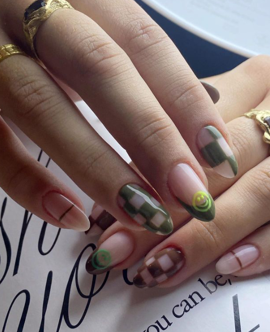 green and brown mismatched manicure