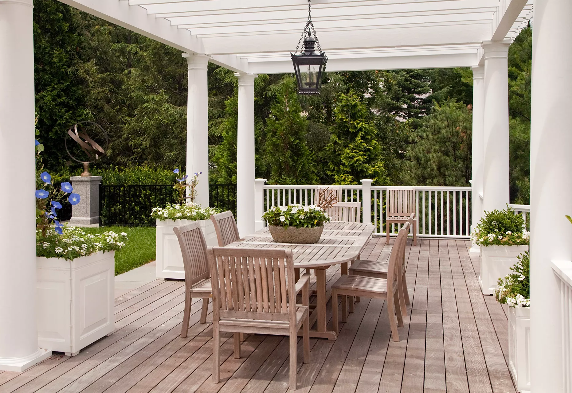 home exterior patio area wooden dining table