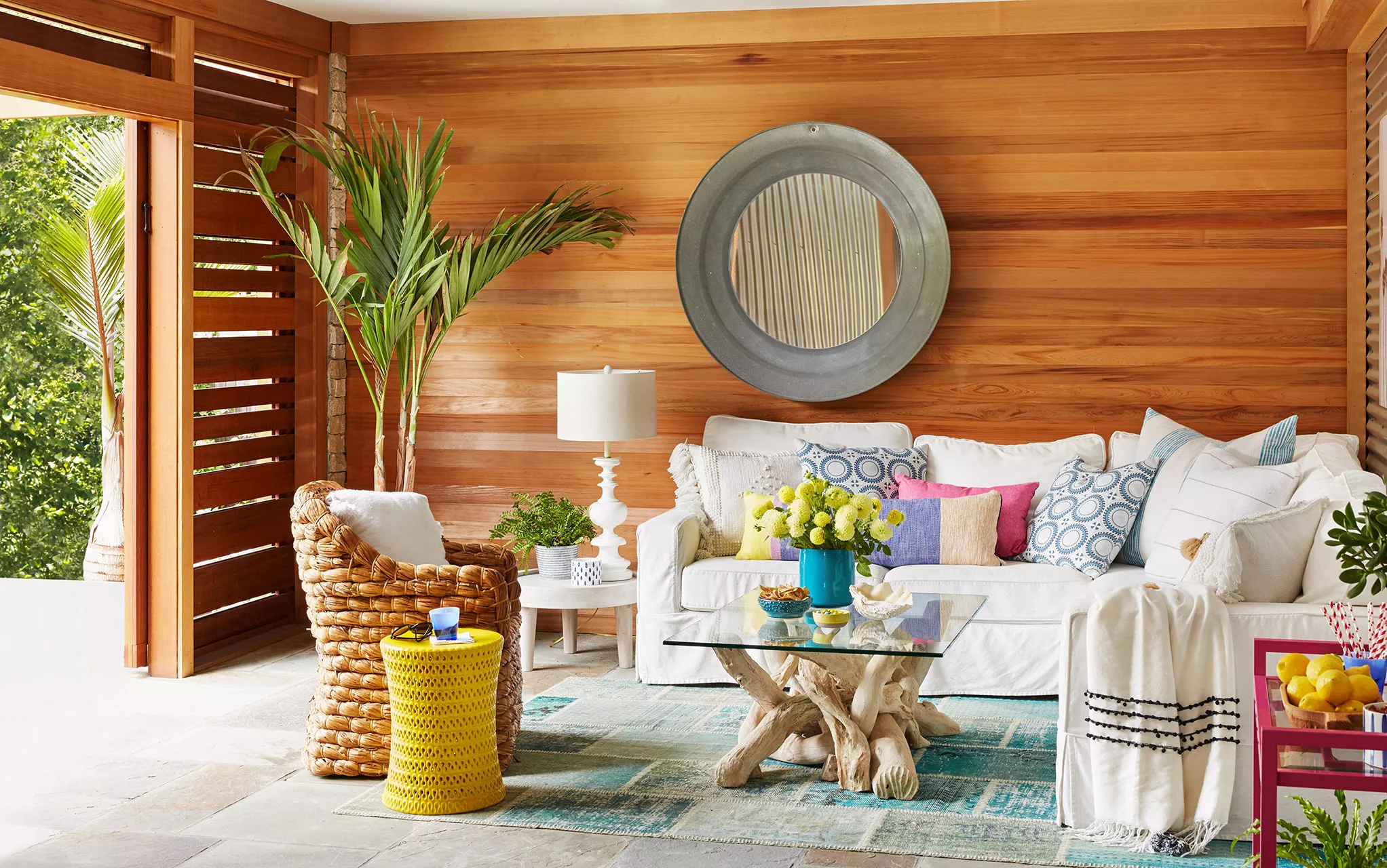 indoor-outdoor loggia with teak walls