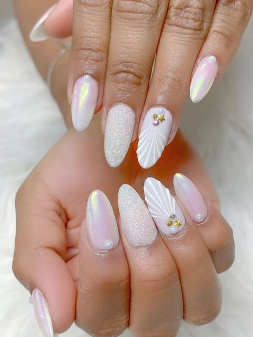 mermaid nail design: white chrome 