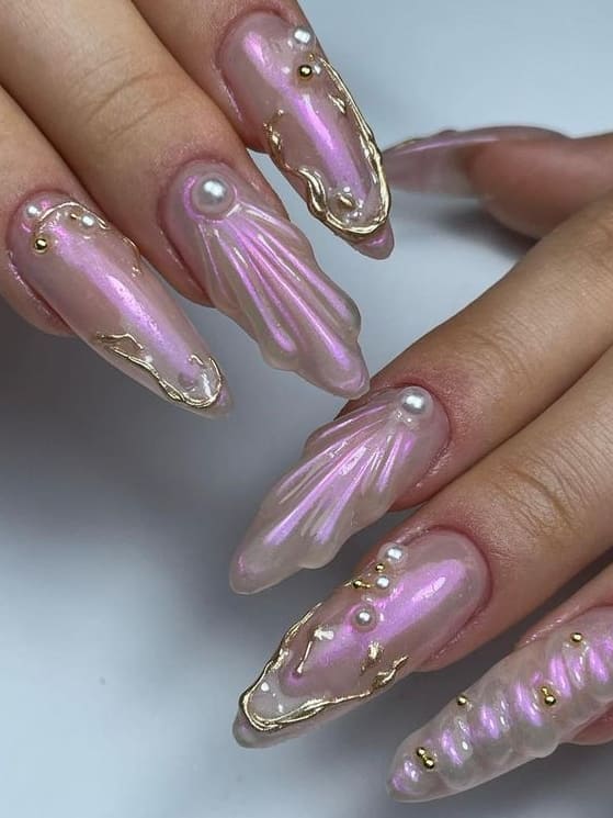 mermaid nail design: 3d seashells