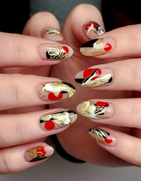 mismatched oriental nail art manicure