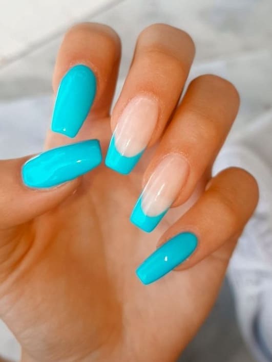 neon nail design: aqua blue French tips