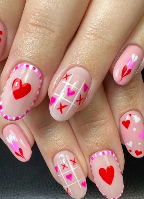 noughts and crosses mismatched valentines manicure