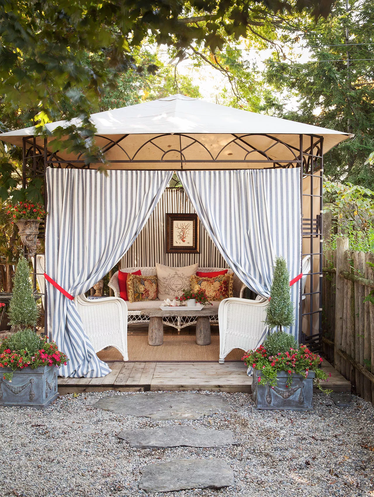 patio with draped cabana style fabric