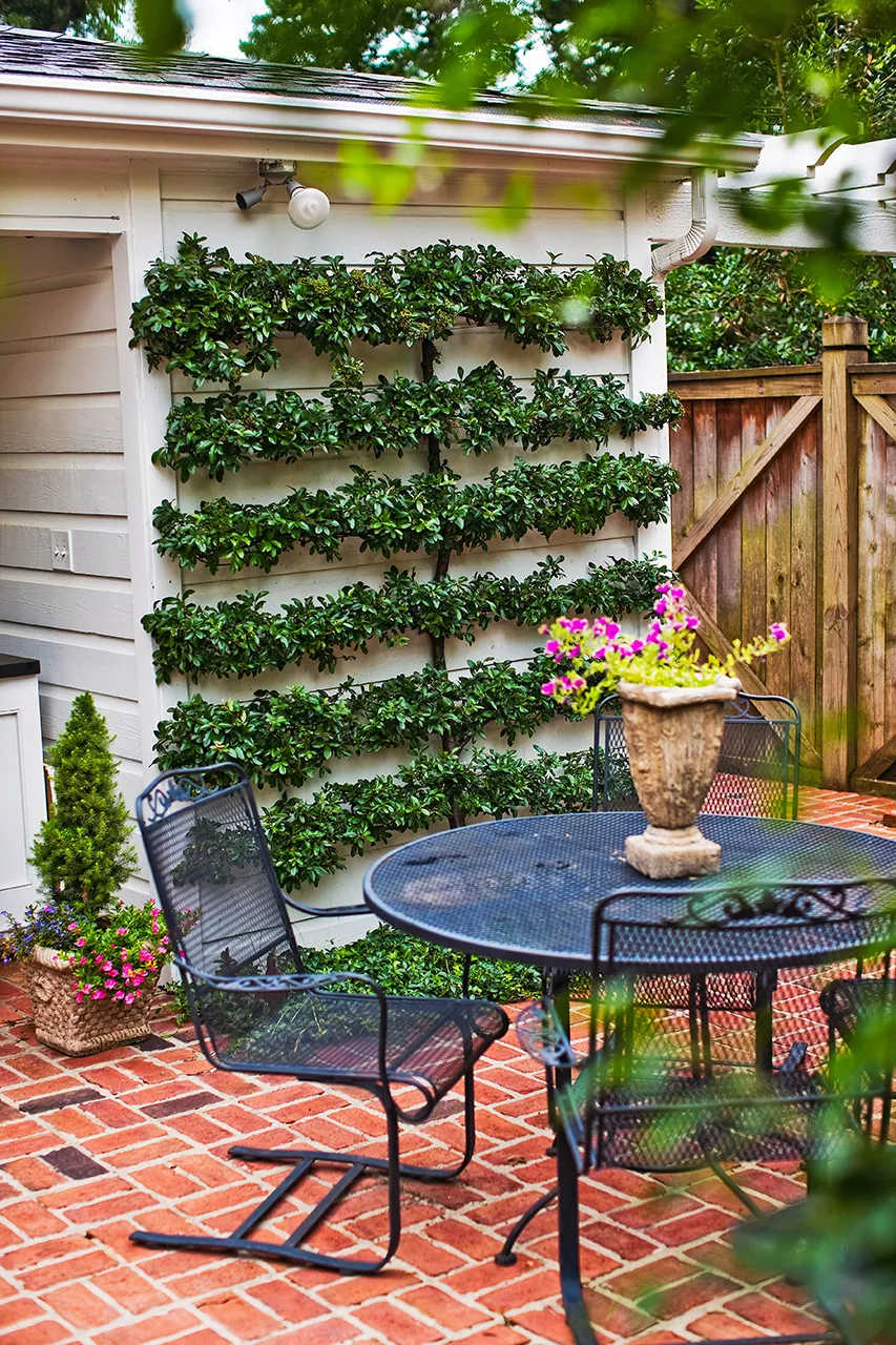 brick patio with table and landscaping