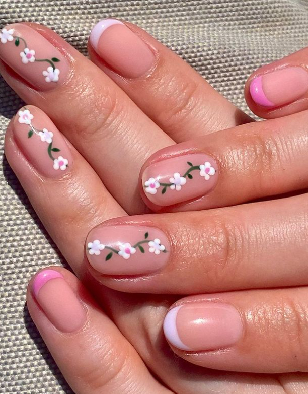 pink and purple french nails with flowers